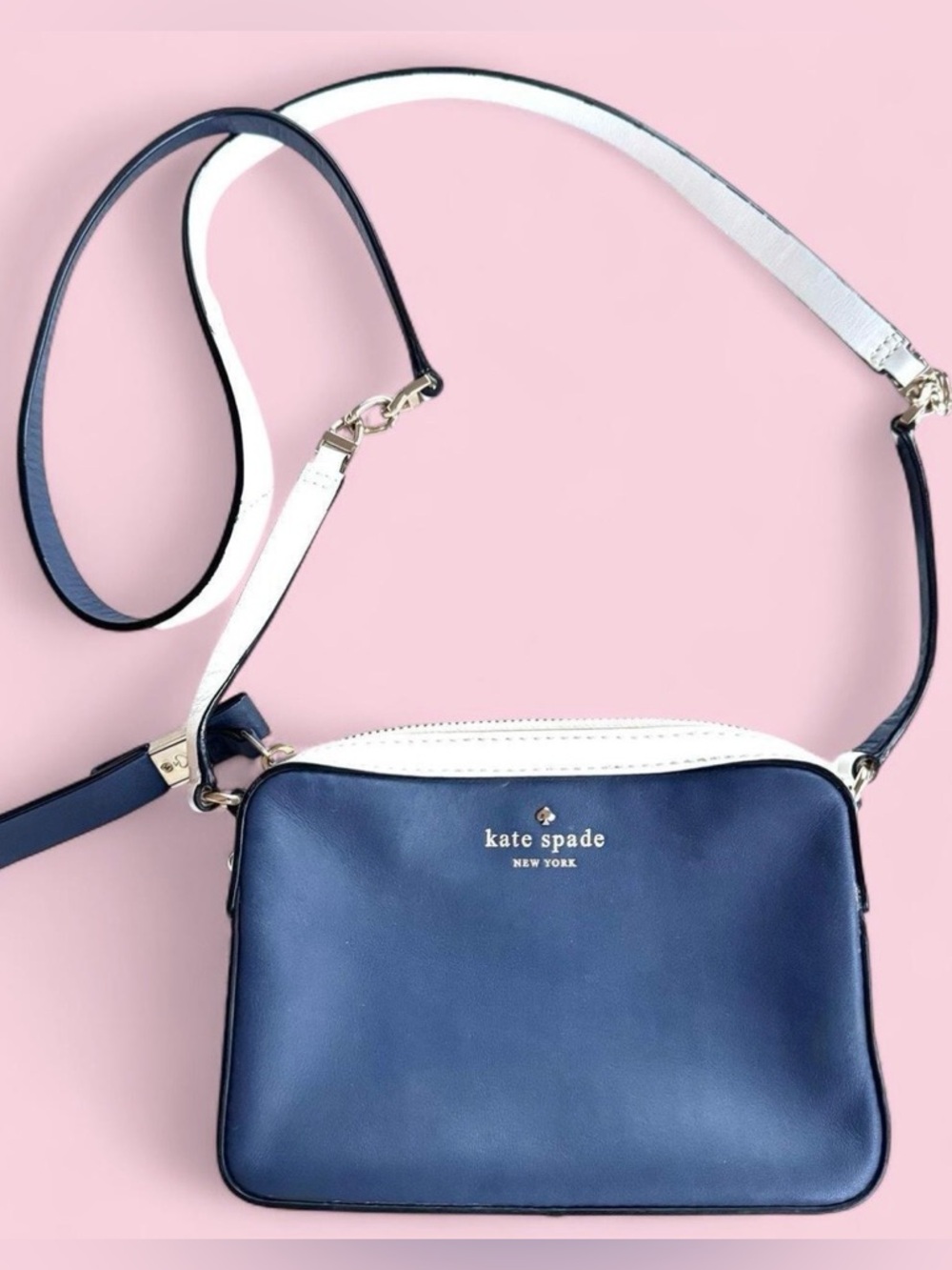 Kate Spade Clover Crossbody Bag French Navy Blue White Leather Gold Hardware